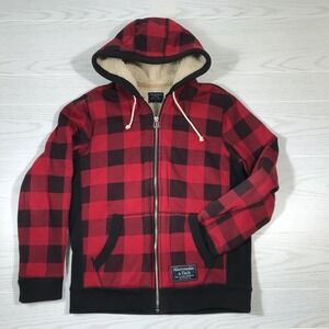 Abercrombie & Fitch Sherpa Lined Plaid Jacket Men M Red Black Full Zip Hooded